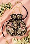 Hand Embroidered Art Silk Potli Bag in Black