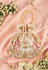 Hand Embroidered Art Silk Potli Bag in Off White