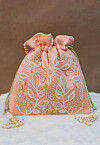 Hand Embroidered Art Silk Potli Bag in Peach