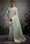 Hand Embroidered Art Silk Saree in Sea Green