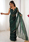 Hand Embroidered Chiffon Saree in Dark Green