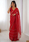 Hand Embroidered Chiffon Saree in Red