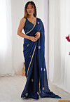 Hand Embroidered Chinon Chiffon Saree in Blue