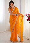 Hand Embroidered Chinon Chiffon Saree in Orange