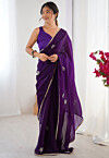 Hand Embroidered Chinon Chiffon Saree in Purple