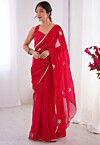 Hand Embroidered Chinon Chiffon Saree in Red