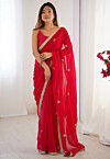 Hand Embroidered Chinon Chiffon Saree in Red