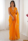 Hand Embroidered Chinon Chiffon Saree in Yellow