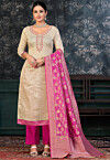 Hand Embroidered Cotton Pakistani Suit in Off White