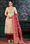 Hand Embroidered Cotton Pakistani Suit in Off White