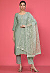 Hand Embroidered Cotton Silk Pakistani Suit in Olive Green