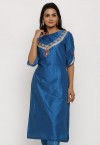 Hand Embroidered Cotton Silk Straight Kurta in Teal Blue