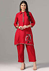 Hand Embroidered Crepe Tunic Set in Red