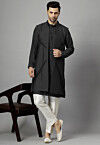 Hand Embroidered Dupion Silk Kurta Set in Black