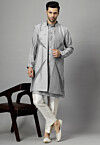 Hand Embroidered Dupion Silk Kurta Set in Grey
