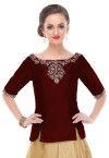 Hand Embroidered Dupion Silk Top in Maroon