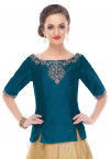 Hand Embroidered Dupion Silk Top in Teal Blue