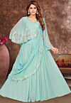 Hand Embroidered Georgette Cape Style Lehenga in Light Blue