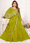 Hand Embroidered Georgette Cape Style Lehenga in Olive Green