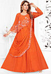 Hand Embroidered Georgette Cape Style Lehenga in Orange