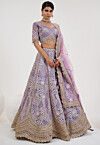 Hand Embroidered Net Lehenga in Light Purple