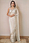 Hand Embroidered Net Saree in Off White