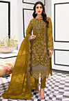 Hand Embroidered Organza Scalloped Pakistani Suit in Mustard