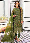 Hand Embroidered Organza Scalloped Pakistani Suit in Olive Green