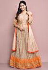 Hand Embroidered Polyester Lehenga in Beige