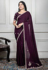 Hand Embroidered Pure Chiffon Saree in Wine