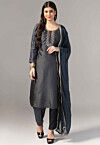 Hand Embroidered Raw Silk Pakistani Suit in Dark Grey
