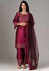 Hand Embroidered Raw Silk Pakistani Suit in Magenta