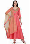 Hand Embroidered Taffeta Silk Anarkali Suit in Coral Pink