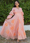 Hand Painted Chanderi Silk Maxi Dress in Peach