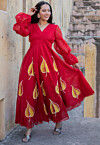 Hand Painted Chanderi Silk Maxi Dress in Red