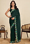 Embellished Georgette Scalloped Saree in Dark Green