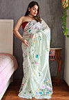 Hand Painted Organza Saree in Pastel Green
