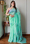 Hand Painted Organza Saree in Sea Green