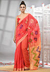 Handloom Cotton Jamdani Saree in Coral Red