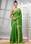 Handloom Cotton Jamdani Saree in Light Green