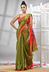 Handloom Cotton Jamdani Saree in Olive Green