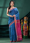 Handloom Cotton Saree in Teal Blue