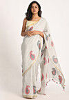 Handloom Linen Jamdani Saree in Light Grey
