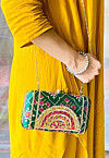 Ikat Printed Art Silk Clutch Bag in Dark Green