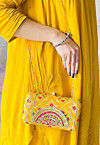 Ikat Printed Art Silk Clutch Bag in Yellow