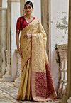 Ikat Printed Art Silk Saree in Beige
