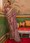 Ikat Printed Art Silk Saree in Brown