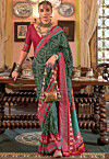 Ikat Printed Art Silk Saree in Dark Green