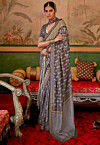Ikat Printed Art Silk Saree in Grey