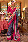 Ikat Printed Art Silk Saree in Navy Blue